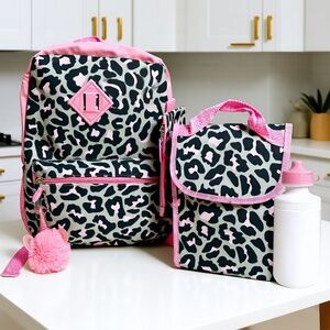 Girls Cheetah Print Backpack 5pc Set – Lunch Bag, Keychain & Water Bottle